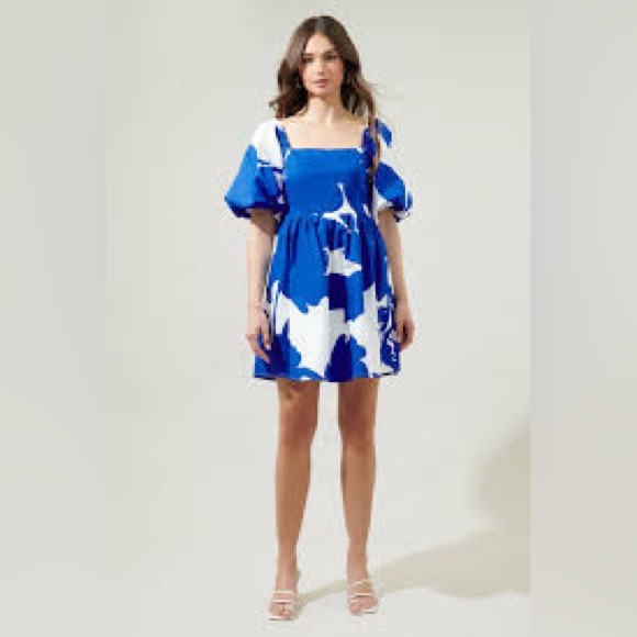 Sugarlips Boutique Blue & White Floral Mini Dress | Bubble Sleeves - XL - Picture 3 of 5